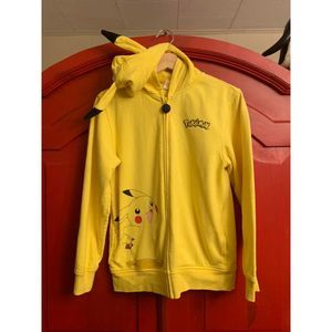Pokemon Pikachu Ear Hood Jacket Kids Size L  Poke Ball Zipper Pull Pockets CUTE